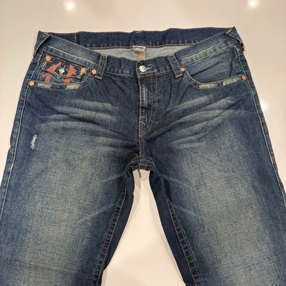 Y2K True Religion World‎ Tour Straight Baggy Red Paint Pocket Jeans Men's Sz 42